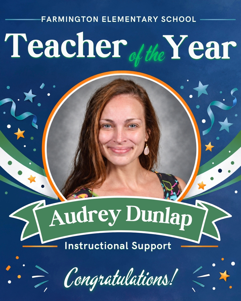 Teacher of the year poster with blue background, green banner, stars, and confetti. A woman with brown hair smiles in a circle.