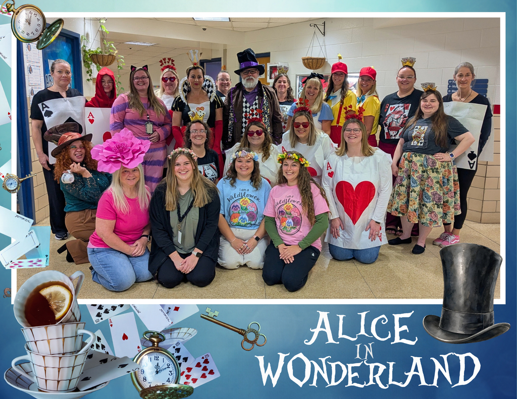 People in costumes stand and crouch, some wearing hats. Some hold cards. Words "Alice in Wonderland" at bottom.