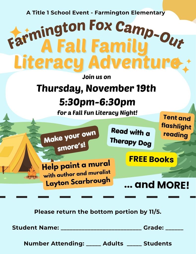 Flyer for Fall Family-Out Literacy Adventure at Farmington Elementary. Text describes activities, dates, and time.