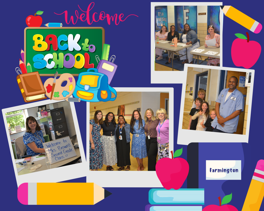 Collage of 4 pictures with the words "Welcome back to school" Picture in the top right has 4 staff members at tables, Picture in the bottom right has a staff member posing with 4 children, picture in the center has 6 staff members smiling for the picture, photo in the bottom left has a teacher at her table.