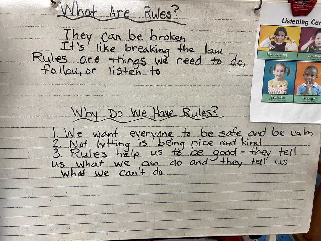 This picture shows the text that our pre-k students came up with to share what they know about rules: What are rules? They can be broken.  It's like breaking the law.  Rules are things we need to do, follow or listen to.  Why do we have rules? We want everyone to be safe and calm.  Not hitting is being nice and kind. Rules help us to be good.  