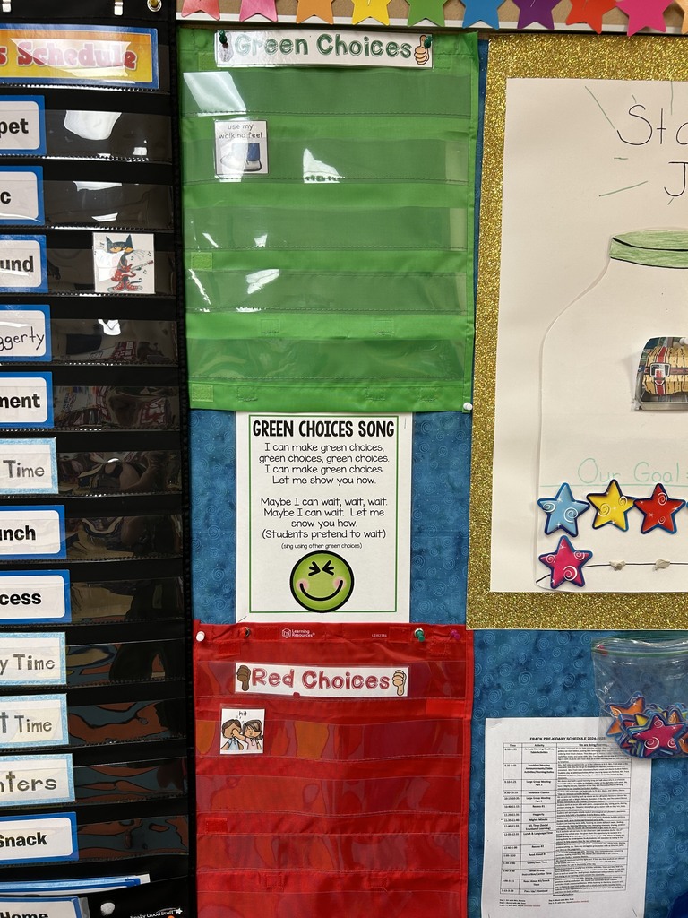 This picture shows an empty green pocket chart and an empty red pocket chart.  The preschoolser will fill the pockets with pictures that represent good green choices and not so good red choices.  