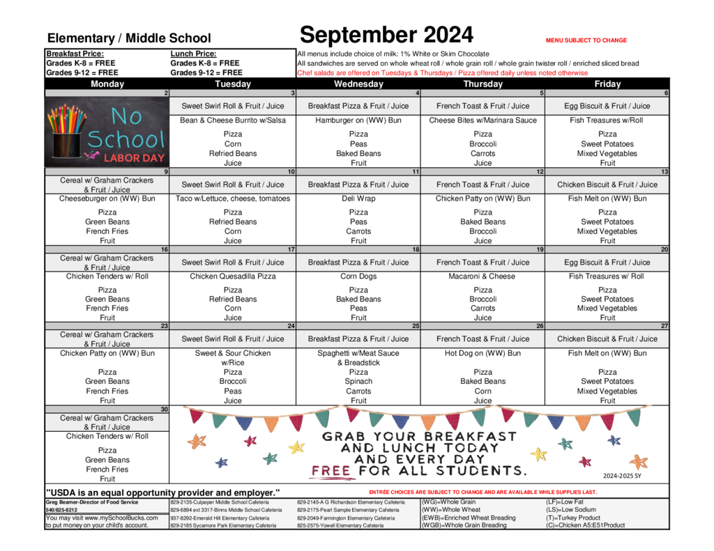September is almost upon us! Attached is the lunch menu for elementary and middle schools.