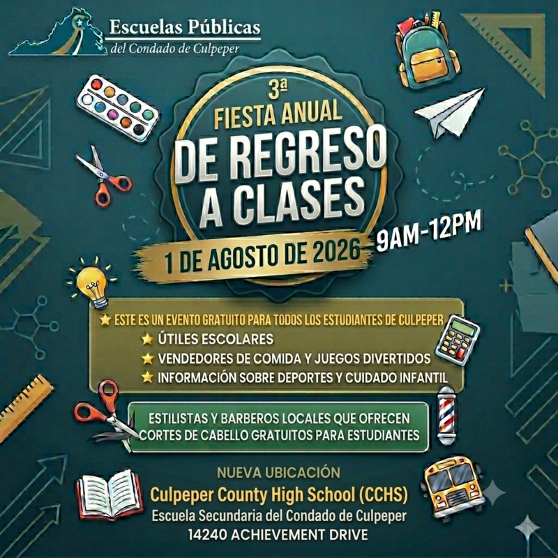 Spanish translation of the CCPS Back to School bash flyer 