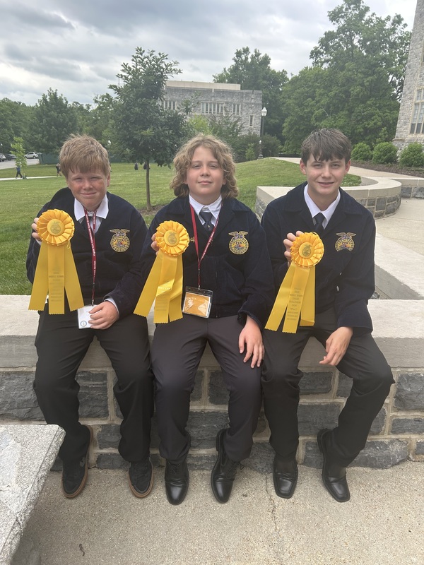 students in FFA jackets holding large yellow ribbons sitting on landscape wall