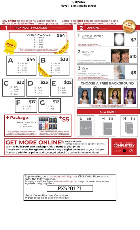 Floyd T. Binns Middle School Fall Picture Day pricing flyer for September 10, 2026, from Strawbridge Studios. The flyer lists photo packages ranging from $12 to $64, optional borders, retouching and year printing, background choices, and à la carte prints. Families can order online at Strawbridge.net using code PX520121
