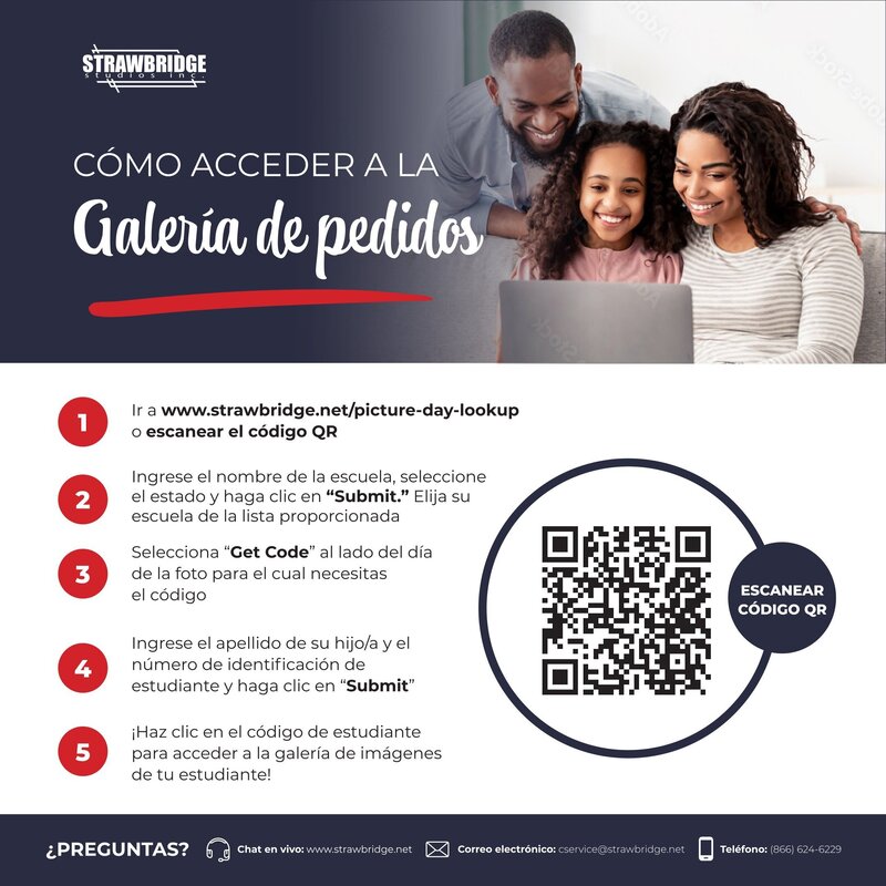 Folleto de Strawbridge Studios con instrucciones para acceder a la galería de pedidos de fotos escolares. Visite strawbridge.net/picture-day-lookup o escanee el código QR. Ingrese el nombre de la escuela y el estado, seleccione la escuela y elija “Get Code” para el día de fotos correspondiente. Ingrese el apellido y número de identificación del estudiante y seleccione el código del estudiante para acceder a la galería. Para obtener ayuda, visite strawbridge.net, envíe un correo a cservice@strawbridge.net o llame al 866-624-6229.