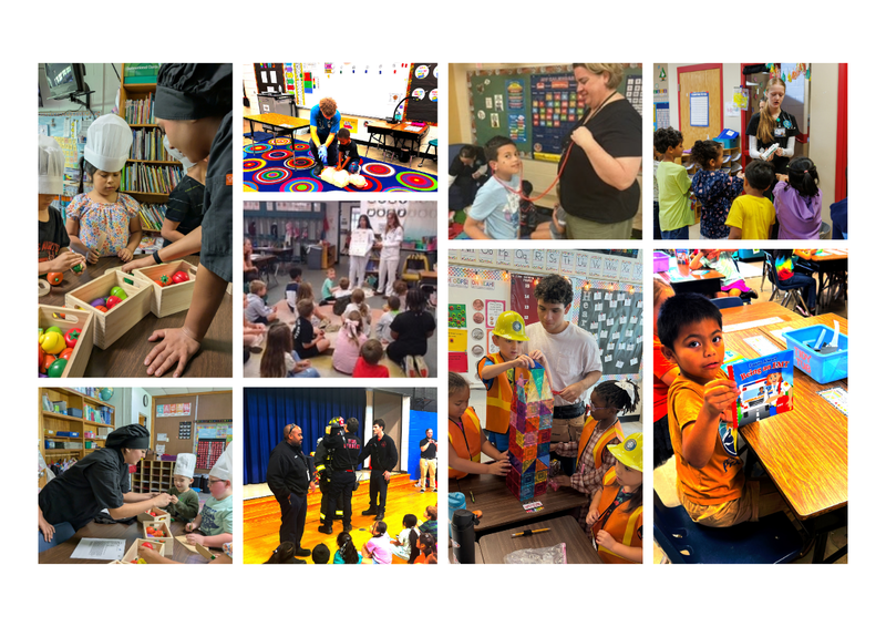 Collage of elementary students participating in career exploration activities, including cooking, CPR practice, health care demonstrations, construction and building activities, and visits with firefighters and other community professionals.