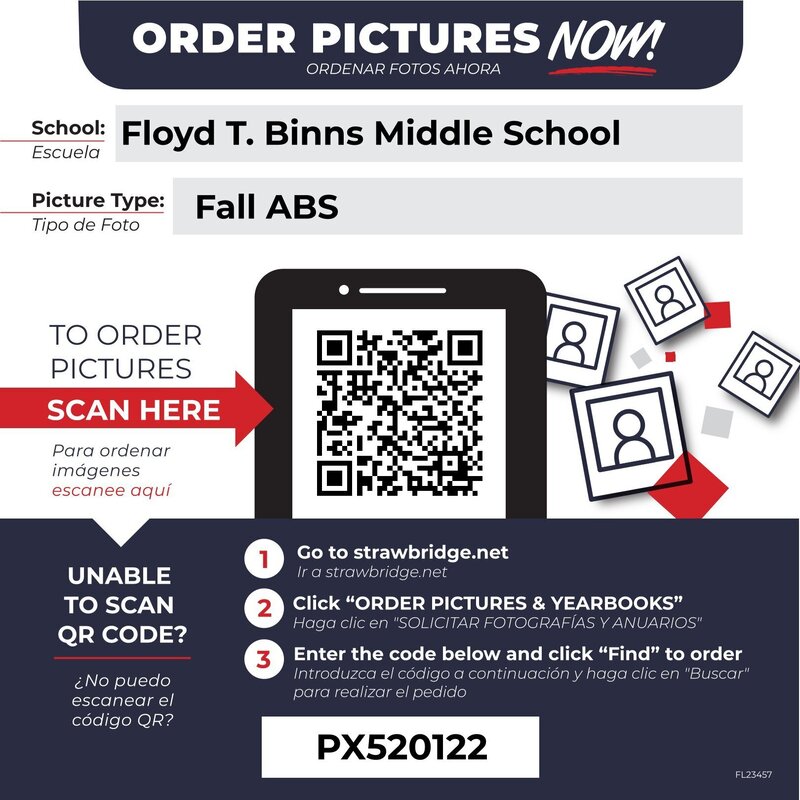 Strawbridge Studios online picture ordering flyer for Floyd T. Binns Middle School. The flyer features a large QR code and instructions for ordering fall school pictures. Families can scan the QR code or visit www.strawbridge.net, select "Order Pictures & Yearbooks," and enter the access code PX520122 to find their school's photo gallery and place an order. Instructions are provided in English and Spanish.