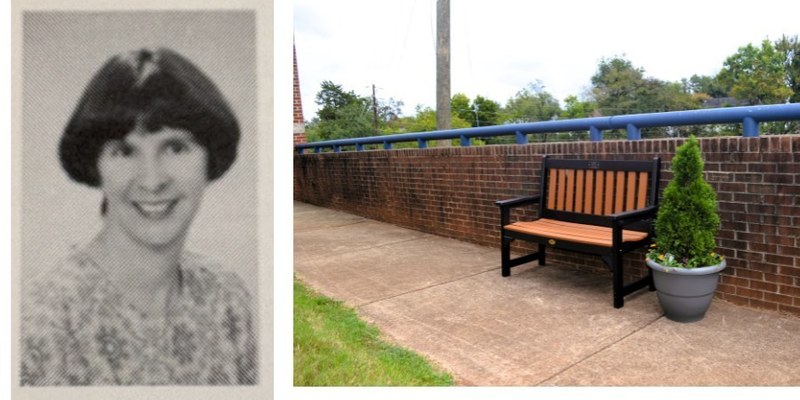 Image contains an old yearbook photo on the left- On the right is a bench and plant by a brick wall.
