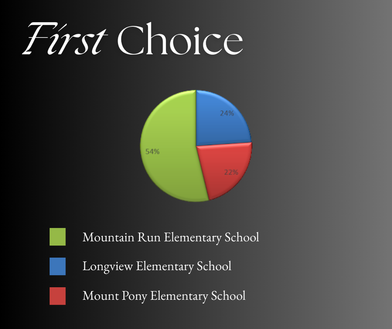 pie chart showing the breakdown of responses for the name of the elementary school with mountain run at 54 per cent, longview at 24 and mount pony at 22