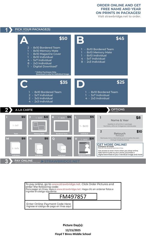 A school sports picture order form flyer for Strawbridge Studios, titled "PICK YOUR PACKAGE(S)." It shows four package options (A, B, C, D) ranging from $50 to $25 with varying quantities and sizes of bordered team, memory mate, magazine cover, and individual photos, plus an optional digital download. A section below lists A La Carte options (J, K, L, M, N, Q, V) and Add-On Options for "Name & Year" ($8) and "Retouch" ($10). The bottom section instructs how to pay online at strawbridge.net using the code FM497857. The Picture Day date is listed as 12/15/2025 at Floyd T. Binns Middle School.