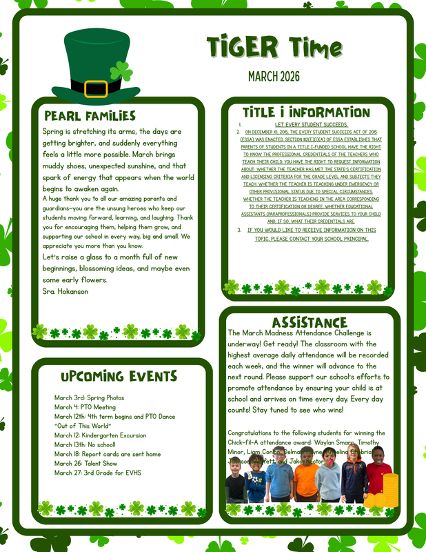 St. Patrick’s Day–themed school newsletter titled “Tiger Times – March 2026.” Sections include Reading (encouraging creative reading locations), Math (a “Which One Doesn’t Belong?” activity with four fraction circle/square models shaded in green and blue), and Technology (tips about keeping passwords secure). Decorated with green shamrocks and a leprechaun hat.