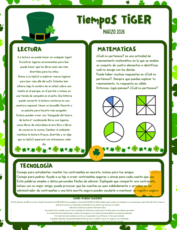Spanish newsletter page titled “Tiempos Tiger – Marzo 2026.” Sections include Lectura (encouraging reading in different places), Matemáticas (¿Cuál no pertenece? math reasoning activity with shaded fraction models), Tecnología (password safety tips), and Every Student Succeeds information. Green shamrock and leprechaun hat theme.