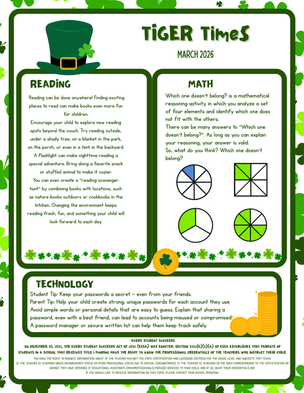 “Tiger Times – March 2026” newsletter page with sections titled Pearl Families (a spring message from Sra. Hokanson), Title I Information (parents’ rights under ESSA), Upcoming Events (March school events and dates), and Assistance (March Madness attendance challenge and Chick-fil-A attendance winners). Green shamrock border and St. Patrick’s Day theme throughout.