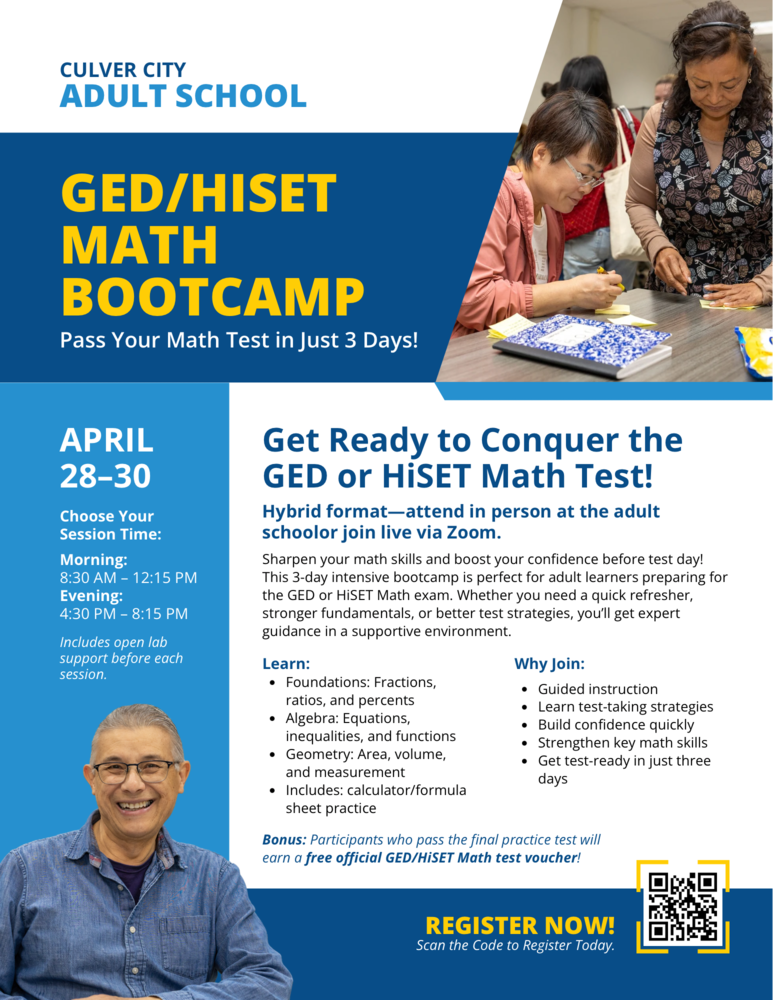 Culver City Adult School GED/HiSET Math Bootcamp flier for April 28-30. Register Now