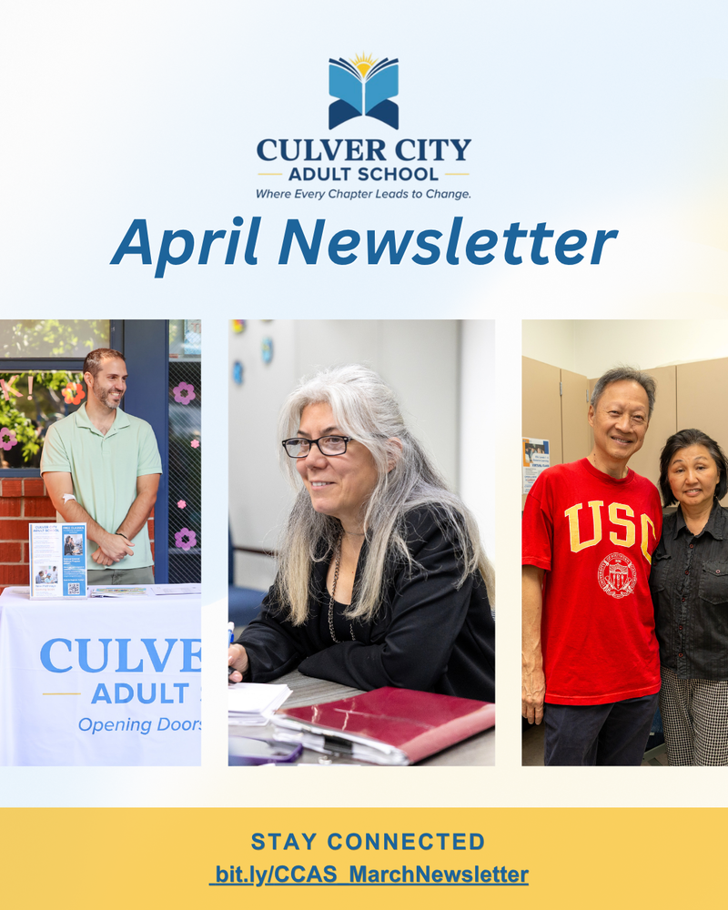 april newsletter graphic showing principal and students smiling on campus