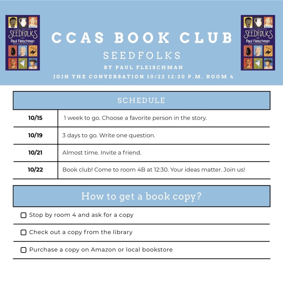 CCAS book club reminder schedule dates