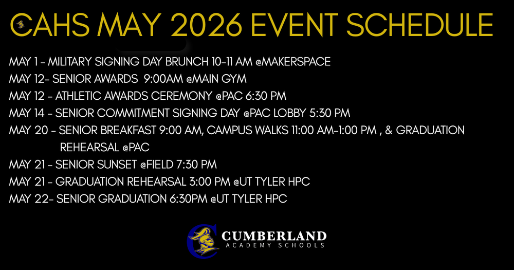 CAHS May 2026 Event Schedule