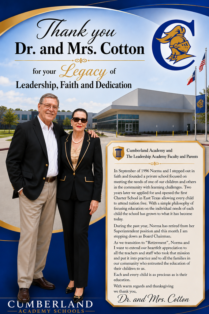 A photo of Dr. James and Norma Cotton in front of the Cumberland Academy Performing Arts Center, expressing their gratitude and appreciation