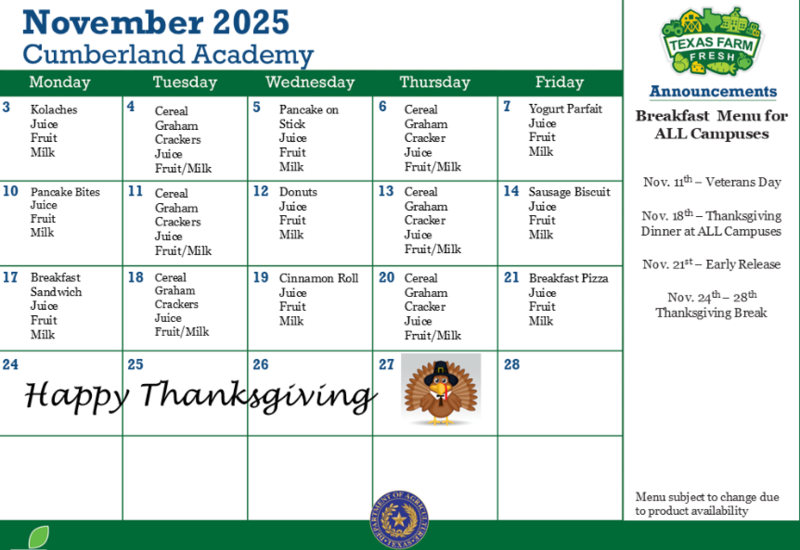 breakfast menu for november