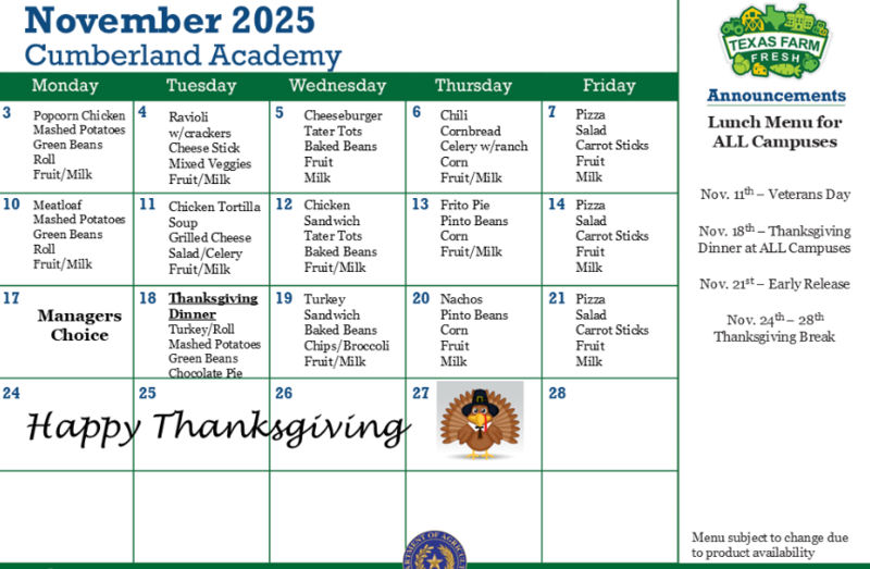 lunch menu for november