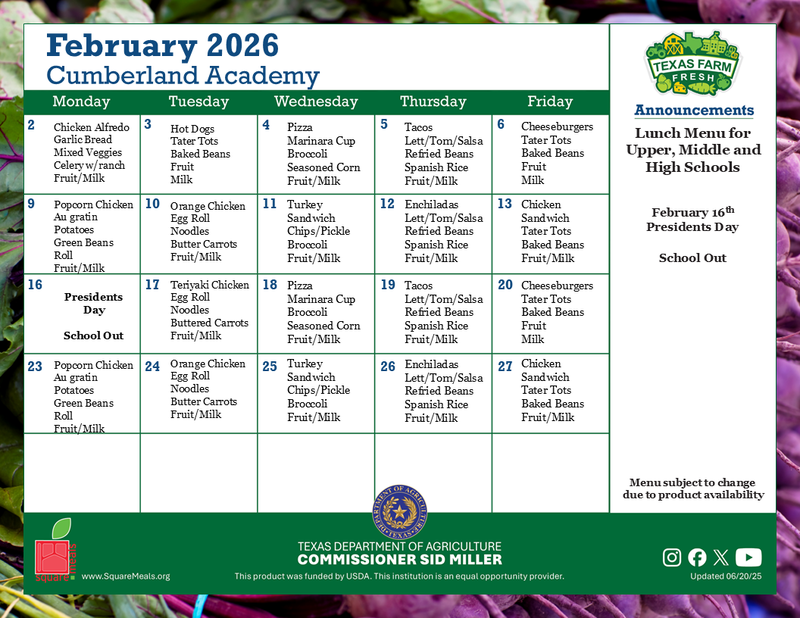 UE, MS, and HS lunch menu