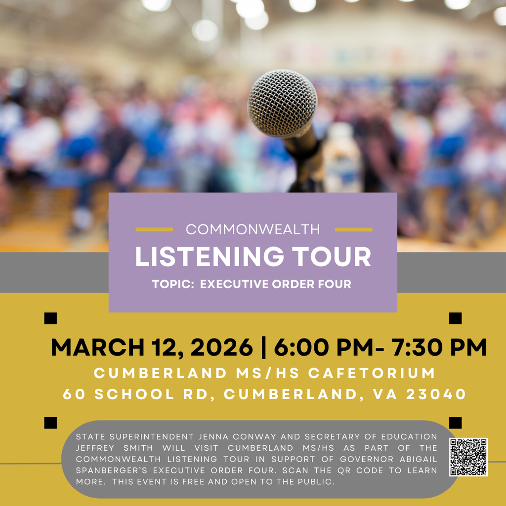 Listening Tour with State Superintendent March 12, 2026 from 6pm - 7:30pm at Cumberland High School