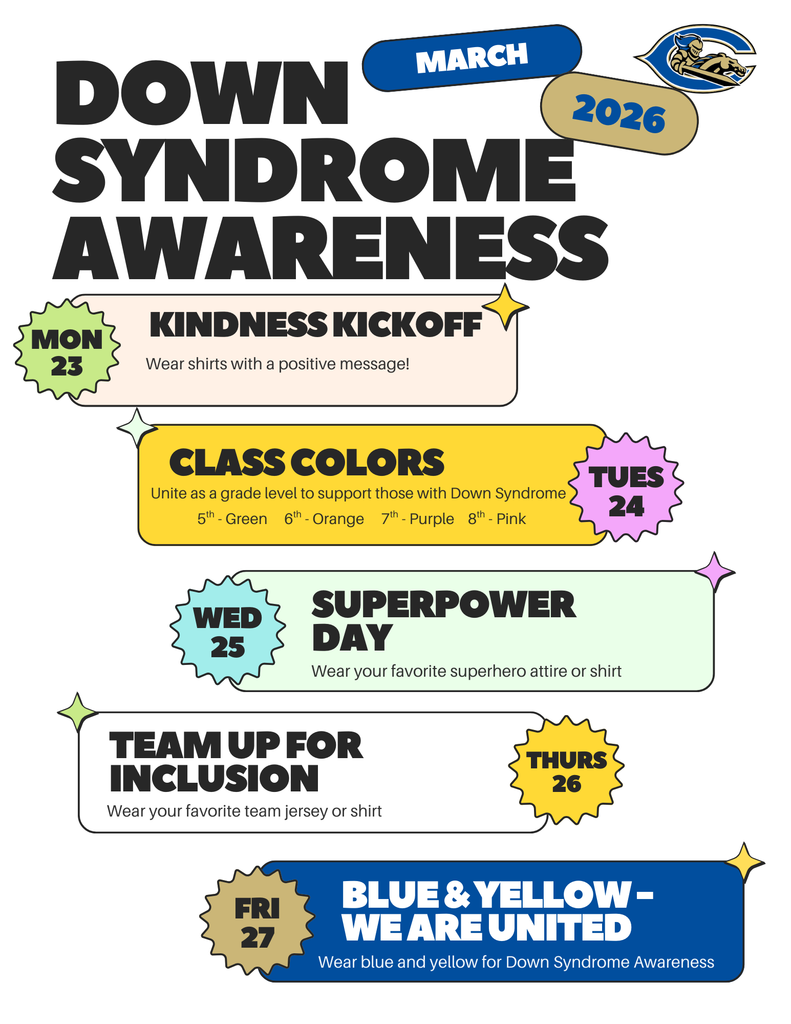 💙💛✨ CMS Celebrates Down Syndrome Awareness Week (3/23 - 3/27)! ✨💛💙  Get ready for a fun-filled week of kindness, inclusion, and school spirit! Join us as we celebrate and support an amazing cause all week long:  🌟 Monday – Kindness Kickoff (wear a positive message!) 🎨 Tuesday – Class Colors Day 🦸 Wednesday – Superpower Day (dress like your favorite hero!) 🏀 Thursday – Team Up for Inclusion (jerseys/shirts) 💙💛 Friday – Blue & Yellow: We Are United as Dukes  Let’s come together to spread positivity, celebrate differences, and show what it truly means to be a Duke! 