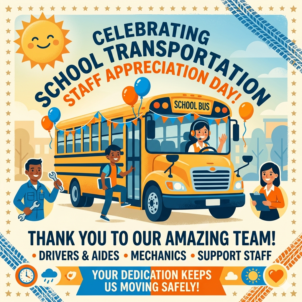School bus with students and staff in cartoon style