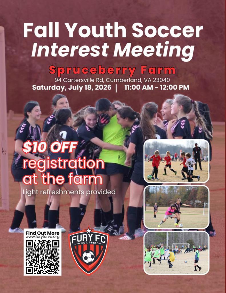 Fall Youth Soccer Interest Meeting, 7/18/26, Spruceberry Farm, 11 am
