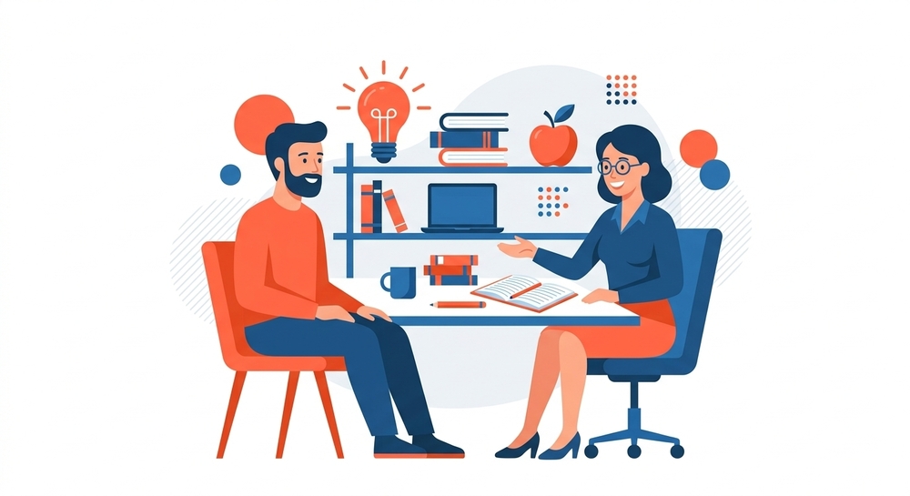 Flat vector illustration of a parent and a teacher sitting across a desk during a meeting, with books, an apple, and an idea lightbulb around them. The graphic uses a tomato orange and cumberland blue color palette on a white background.