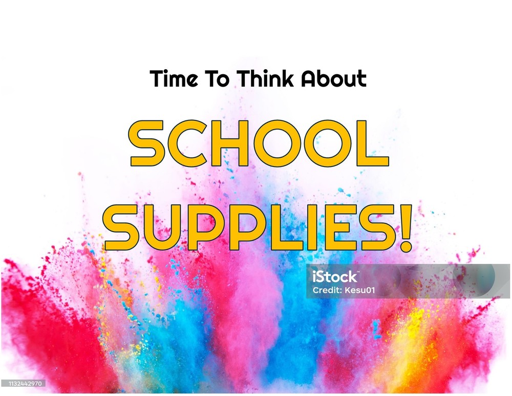 A bunch of colorful chaulk being tossed in the air with the words: Time to think about School Supplies".