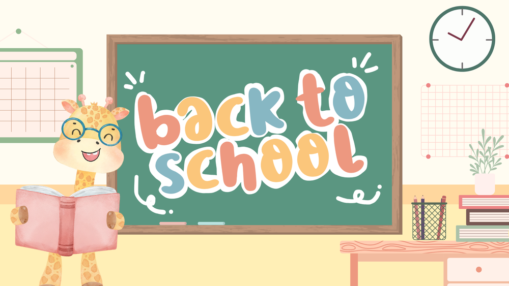 picture of back to school on chalk board with a cartoon giraffe holding a book
