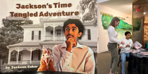 left: cover of the book Jackson's Time Tangled Adventure  right: woman standing beside the author at a book signing 