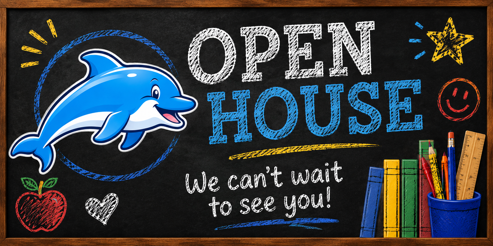 Open House chalkboard banner with a blue dolphin mascot and colorful classroom supplies
