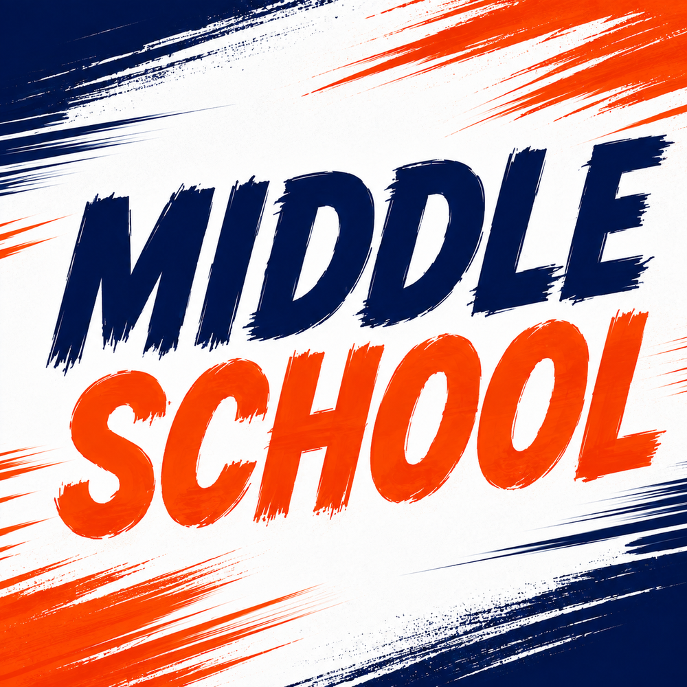 Graphic featuring the words “Middle School” in bold navy blue and tomato orange lettering on a white background with energetic blue-and-orange brushstrokes.