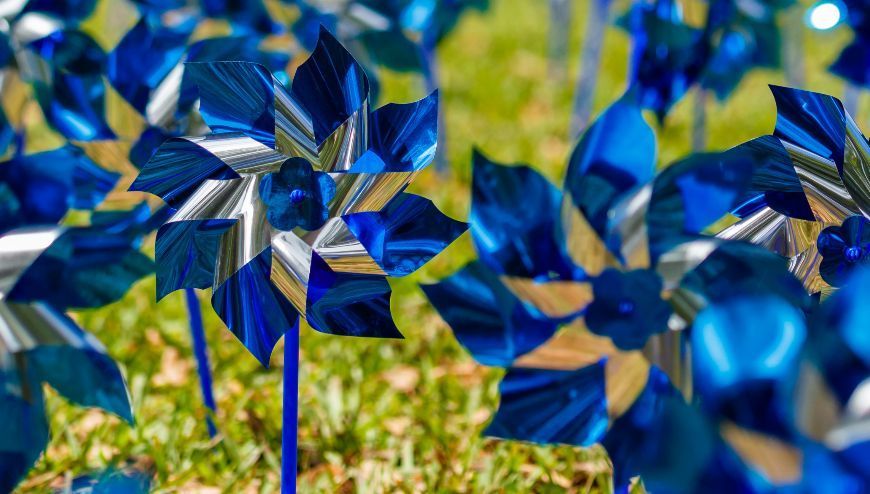 Blue Pinwheels in the grass