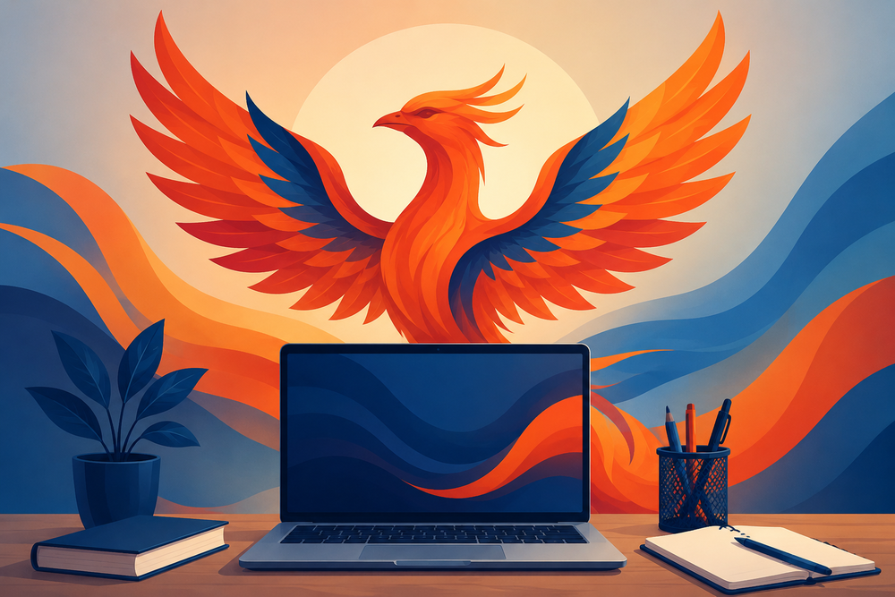 image of a phoenix behind a laptop