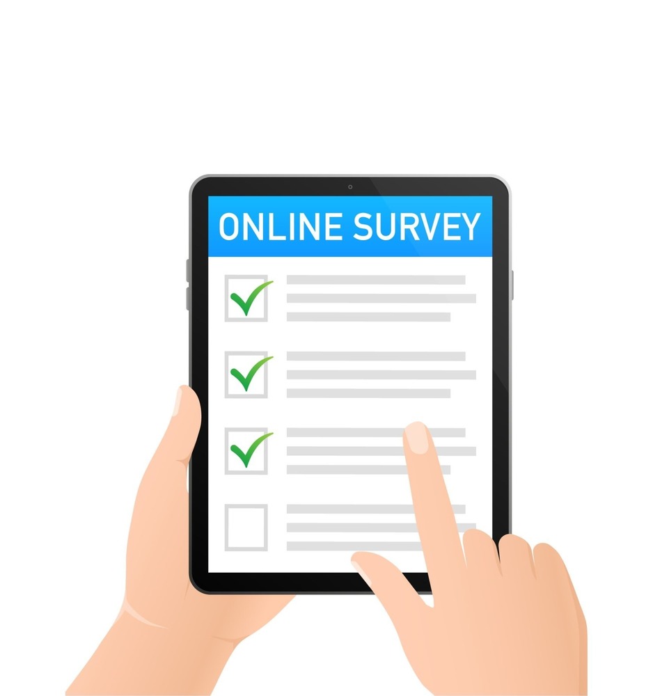 Graphic of hands with tablet and online survey with green checkmarks