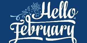 Image of words Hello February on blue background