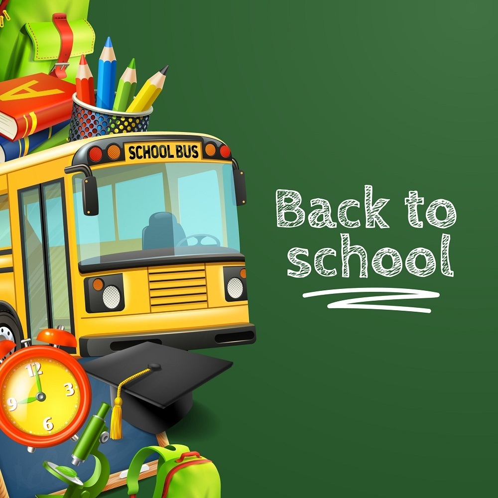 image of school supplies and a bus with the words "back to school"