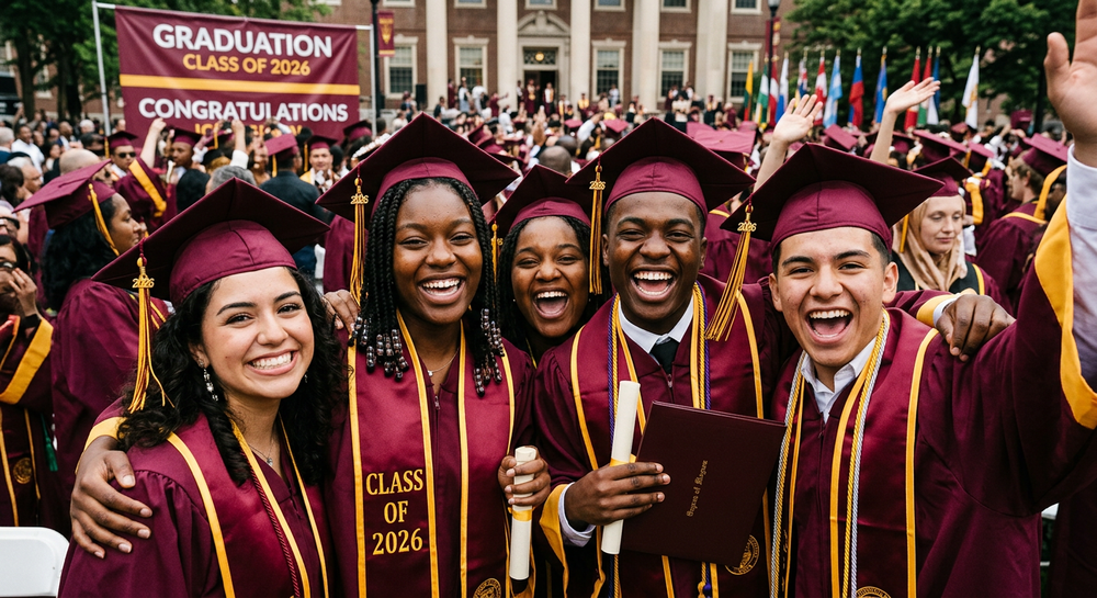students in graduation cap and gowns
