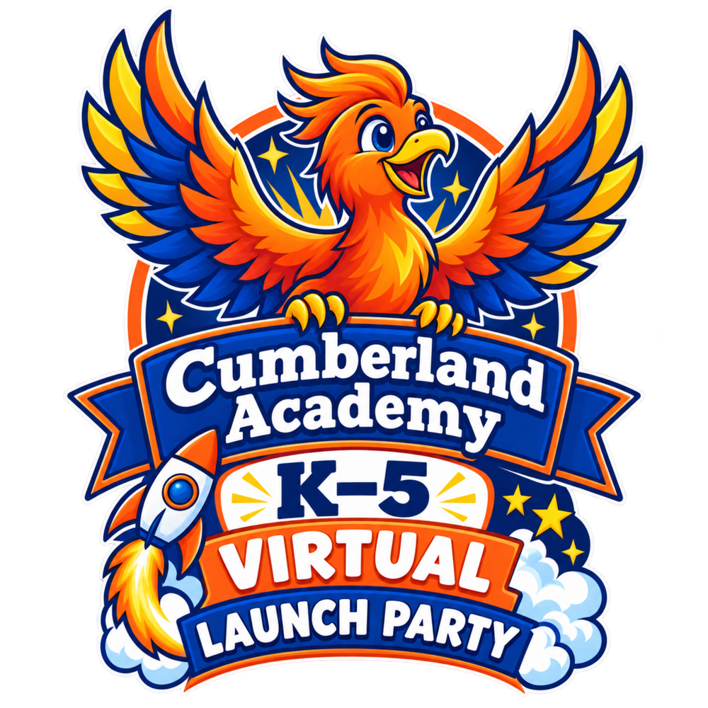 Colorful Cumberland Academy K–5 Virtual Launch Party logo featuring a cheerful orange, blue, and yellow Phoenix with outstretched wings above a rocket and stars.