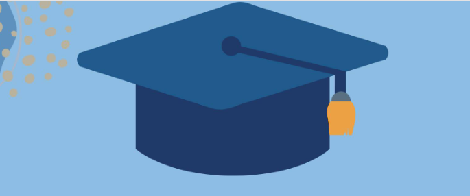 Dark blue graduation cap on a light blue background.