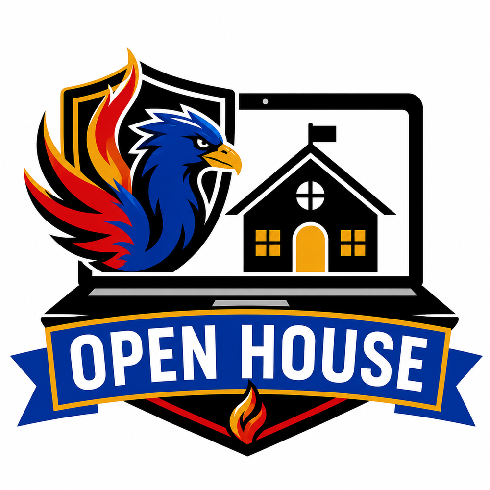 Virtual Open House icon featuring a laptop with a school building on the screen, a blue and red phoenix mascot, and a bold blue banner that reads “Open House.” The design uses Cumberland Academy’s blue, red, gold, black, and white school colors.