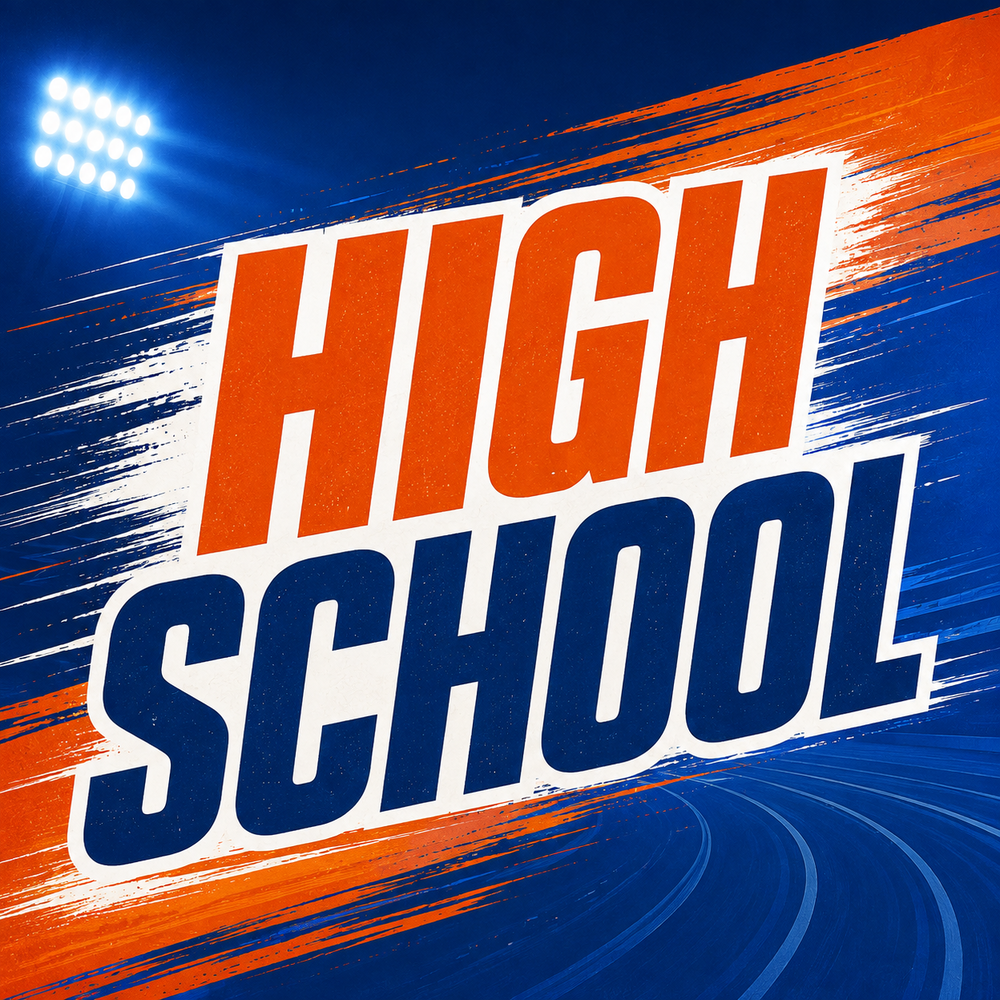 Graphic featuring the words “High School” in bold orange and navy blue lettering against an energetic blue, orange, and white track-inspired background.