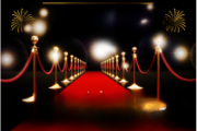 Red carpet with fireworks and bright lights in the sky