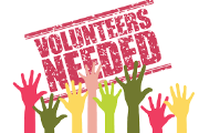 words volunteers needed with raised arms