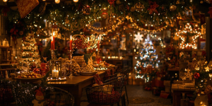 Image of a dinner table with holiday lights and candles